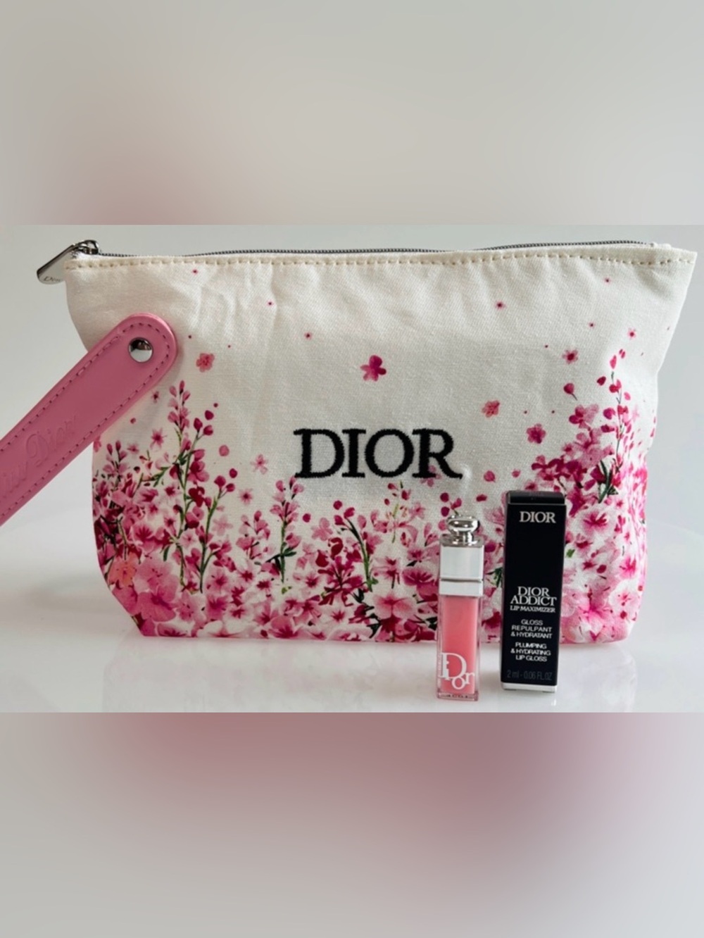 Dior Bundle NWT Pink Lip Gloss and Pink Floral Makeup Bag NWOT‎